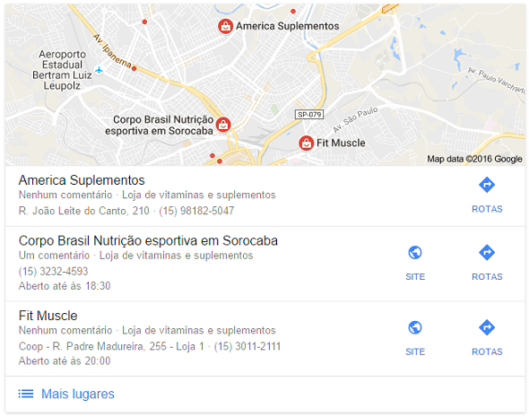 Resultados Locais do Google Meu Negócio - Busca em Sorocaba/SP por Lojas de Suplemento Alimentar