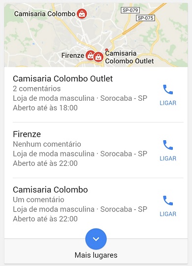 Resultados Locais do Google Meu Negócio - Busca em Sorocaba/SP por Lojas de Roupas Masculinas
