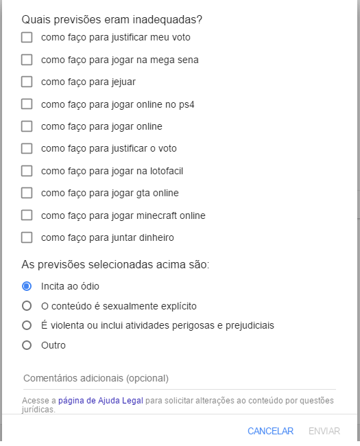 Formulário para denunciar preenchimento automático Google