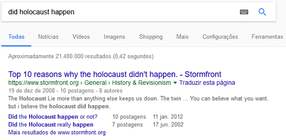 Resultados Google sobre acontecimento do Holocausto