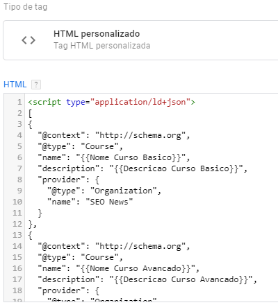 Exemplo de dados estruturados Schema de Curso em JSON-LD via Google Tag Manager