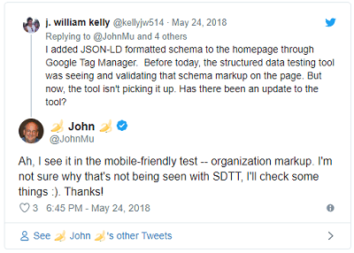 Tweet de John Mulller sobre JSON-LD por Google Tag Manager na Ferramenta de Teste de Dados Estruturados