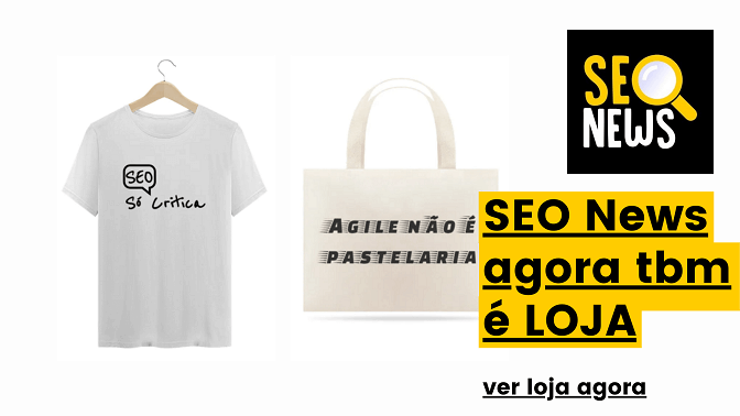 Camiseta branca com estampa SEO só Critica e ecobag com estampa Agile não é Pastelaria e texto SEO News agora tbm é LOJA