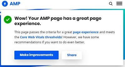 Resultado Core Web Vitals da ferramenta AMP Page Experience
